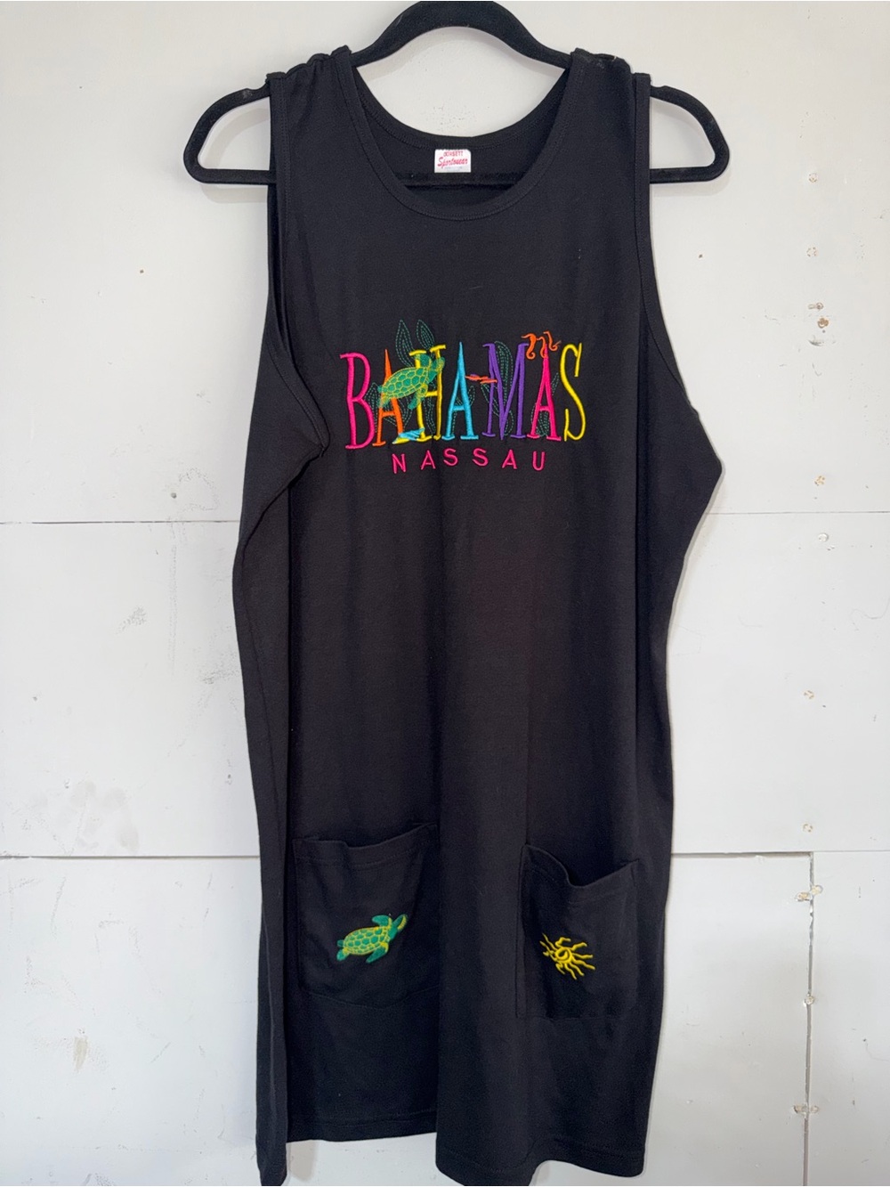 VTG 90s Bahamas Embroidered Tank Dress Cover Up Pockets Retro Sz 1X
